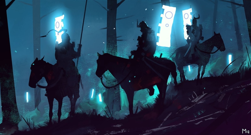 Night, Samurai, 30 min Speedpainting, Environments, War, Characters, Art, Concept Art, Forest, 1080P, by Dominik Mayer, Dominik Mayer, Blue Light in the