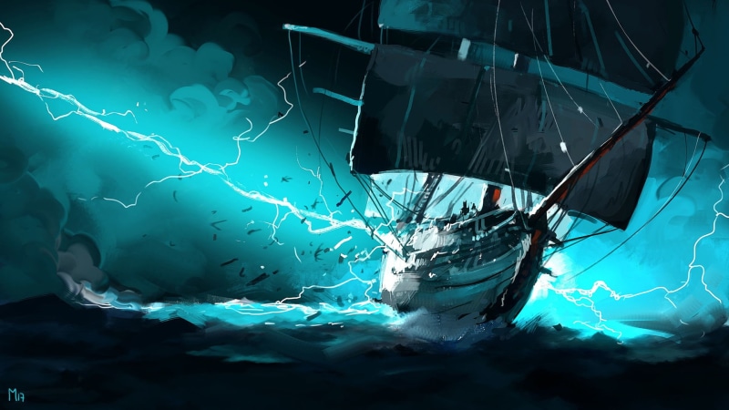 Concept Art, 30 min Speedpainting, The ocean, Dominik Mayer, Figure, Lightning, by Dominik Mayer, 1080P, Sea, Taser, Illustration, Art, Fantasy, Storm