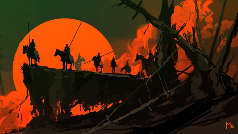Concept Art, The sun, The Riders of the Bloodmoon, Fantasy, The Silver Seven, Sunset, Figure, 1080P, by Dominik Mayer, 30 min Speedpainting., War, Dominik Mayer