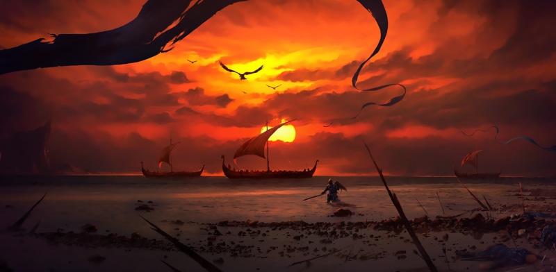 1080P, Sunset, This is a personal painting I did a while ago., Beach Battlefront, Ship, by Dominik Mayer, Ships, Warrior, Art, Concept Art, Battle, Dominik Mayer