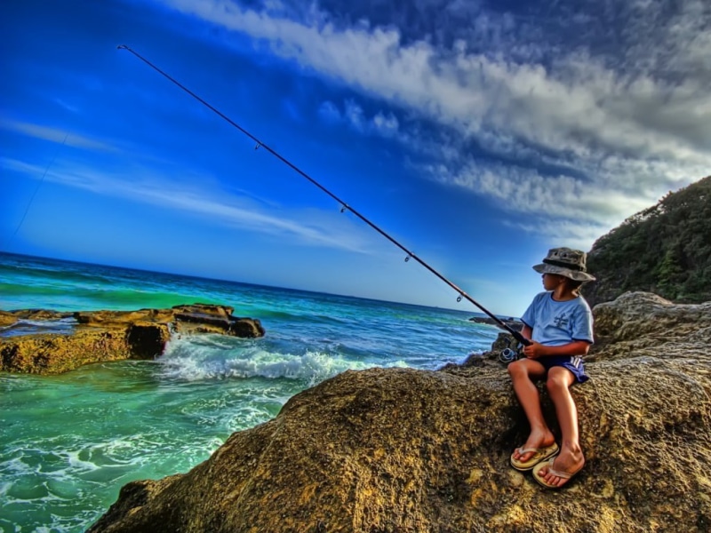 boy, ocean, Line, fishing, 480P, rocks, art, hd, child, fisherman, little, oceans, nature