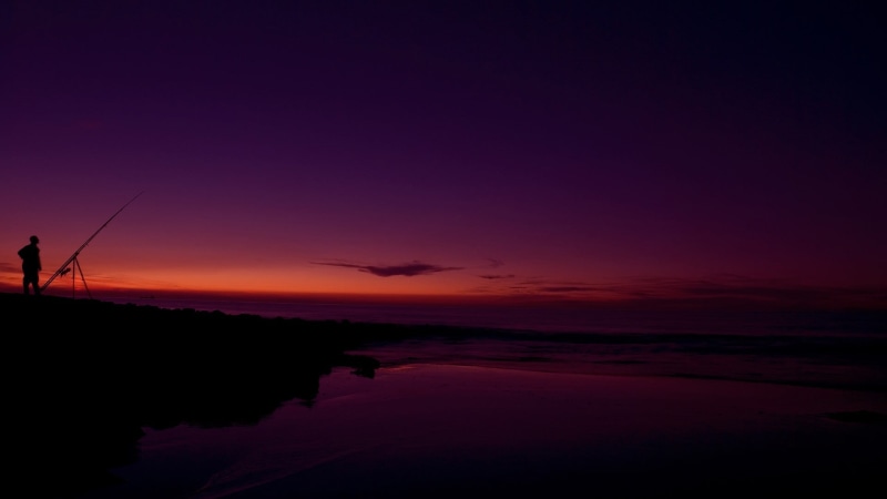 reflection, beauty in nature, sunset, 1080P, fisherman, night, purple, rod, black, water, sea, beach, silhouette, cloud - sky, sky, tranquility, one person