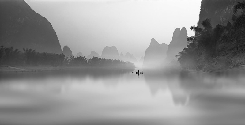 monochrome, reflection, mountains, China, tranquility, morning, sky, non-urban scene, 720P, beauty in nature, plant, trees, water, landscape, silhouette