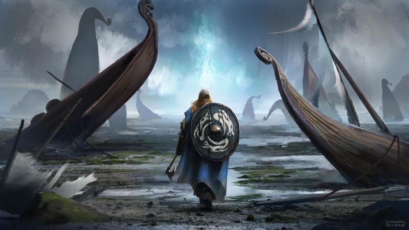 Axe, Conor Burke, Vikings, 2K, boat, digital art, shield, helmet, landscape, flag, fantasy art