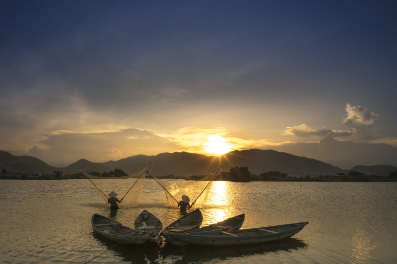five, cloud - sky, net, men, mountain, quiet, sea, outdoors, beauty in nature, sunset, leisure activity, scenics - nature, sun, fishing, nautical vessel