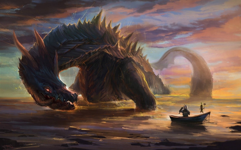 water, craft, sunset, no people, fantasy art artwork dragon knight knights drawing monster hunter lagiacrus, nature, cloud - sky, sky, travel, 1080P, scenics - nature