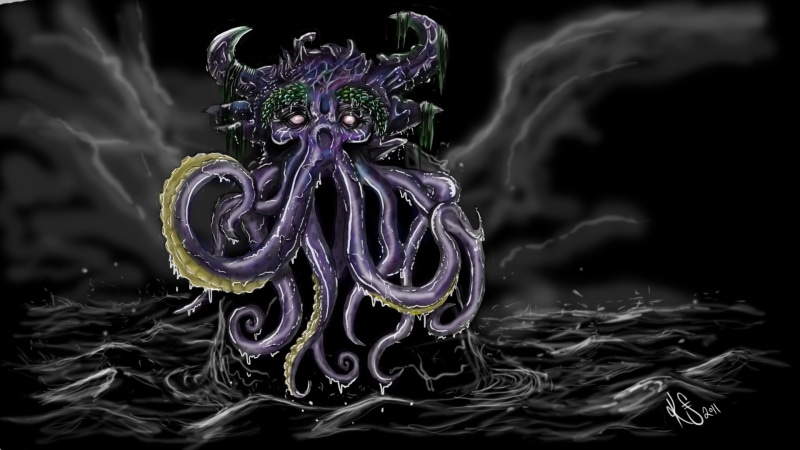 storm, sky, clouds, fantasy, ocean, 1080P, cthulhu, sea, art, 1920x1080 px, monster, Octopus, waves, creature, Dark