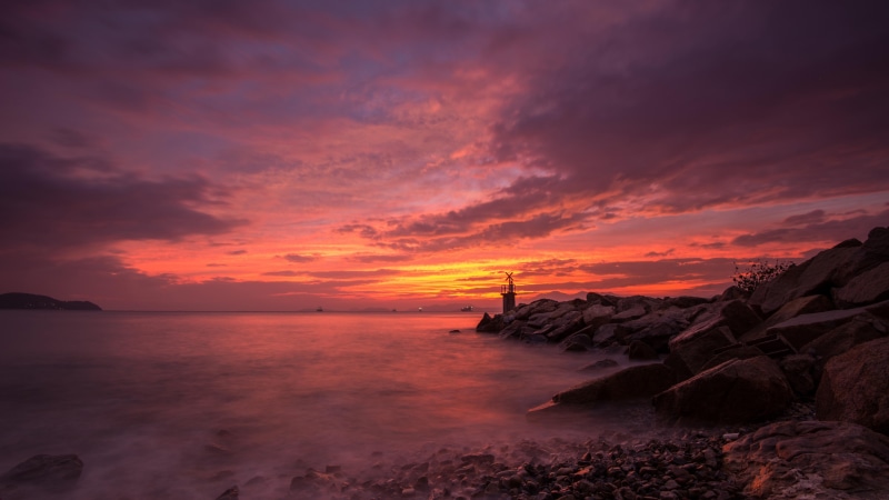 evening, sunset, red sky, dusk, ocean, golden hour, horizon, 5K, afterglow, shore, seascape, purple landscape, sky, calm, purple sky, sea