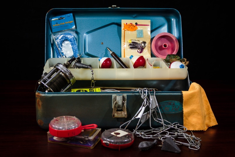 still life, tackle box, lures, indoors, tackle, bobbers, bobbins, large group of objects, choice, angler, box, container, technology, chain stringer, antique fishing supplies