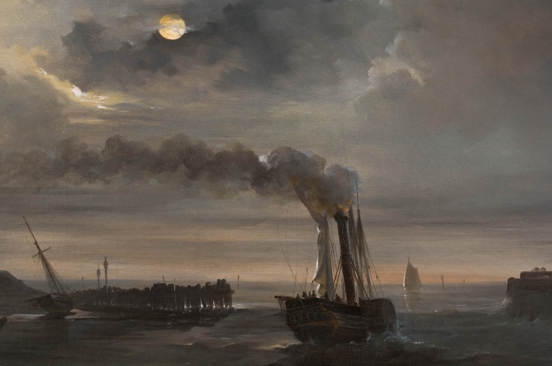 building exterior, cloud - sky, outdoors, nature, fog, mammal, city, sea, artwork, animal themes, architecture, 720P, no people, boat, animal, land, painting
