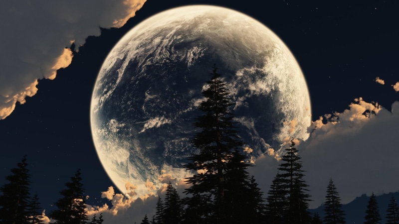 space, fir, photoshop, pines, silhouette, 1080P, moon, cloudy, full moon, night sky