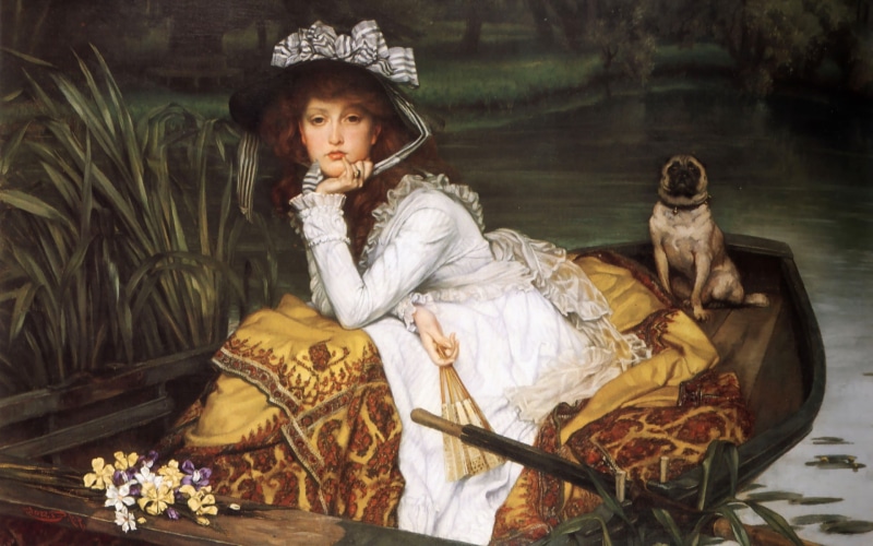 women, james tissot, dog, 1080P, boat, painting, artwork, Classic Art