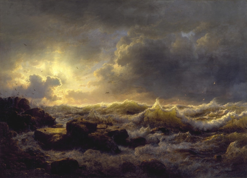 no people, tranquility, textured effect, shoreline, artistic, wave, oil on canvas, sky, idyllic, outside, 720P, nature, landscape, andreas achenbach, dramatic sky