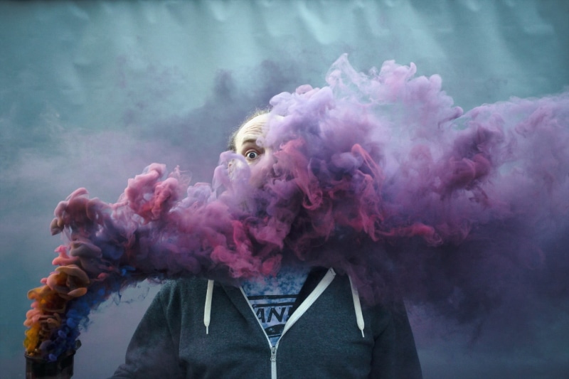 portrait, multi colored, smoke - physical structure, close-up, one person, zip, indoors, headshot, 1080P, s, front view, motion, holi, full, men, obscured face