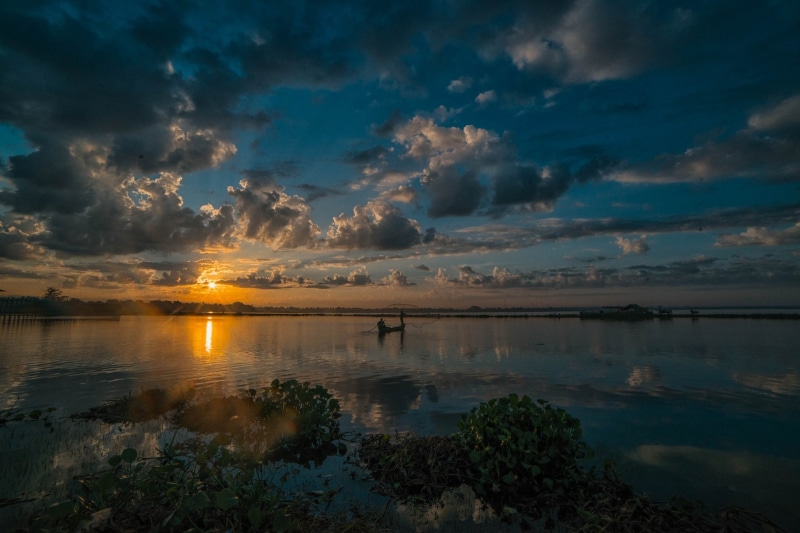 shrubs, sky, waterfront, daylight, plant, outdoors, lake, water, non-urban scene, landscape, boat, scenics - nature, clouds, idyllic, 1080P, tranquil scene