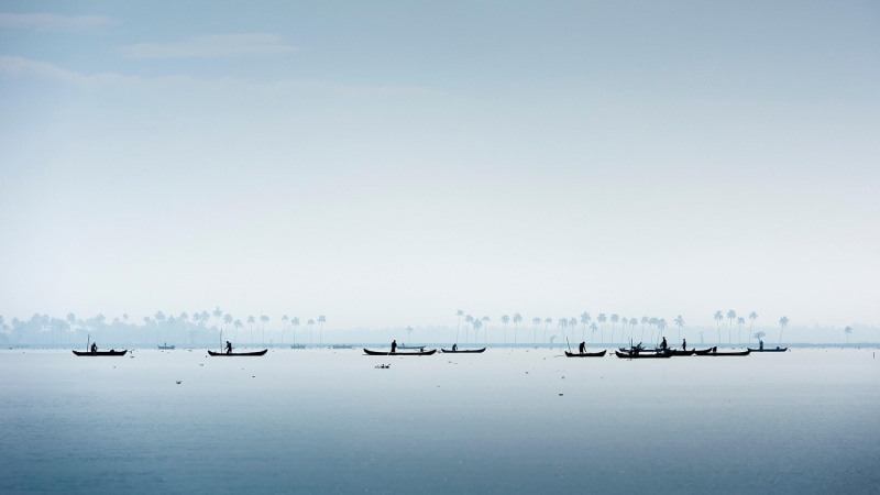water, no people, fisherman, boat, day, transportation, tranquil scene, scenics - nature, landscape, mist, simple, nature, tranquility, outdoors, clouds