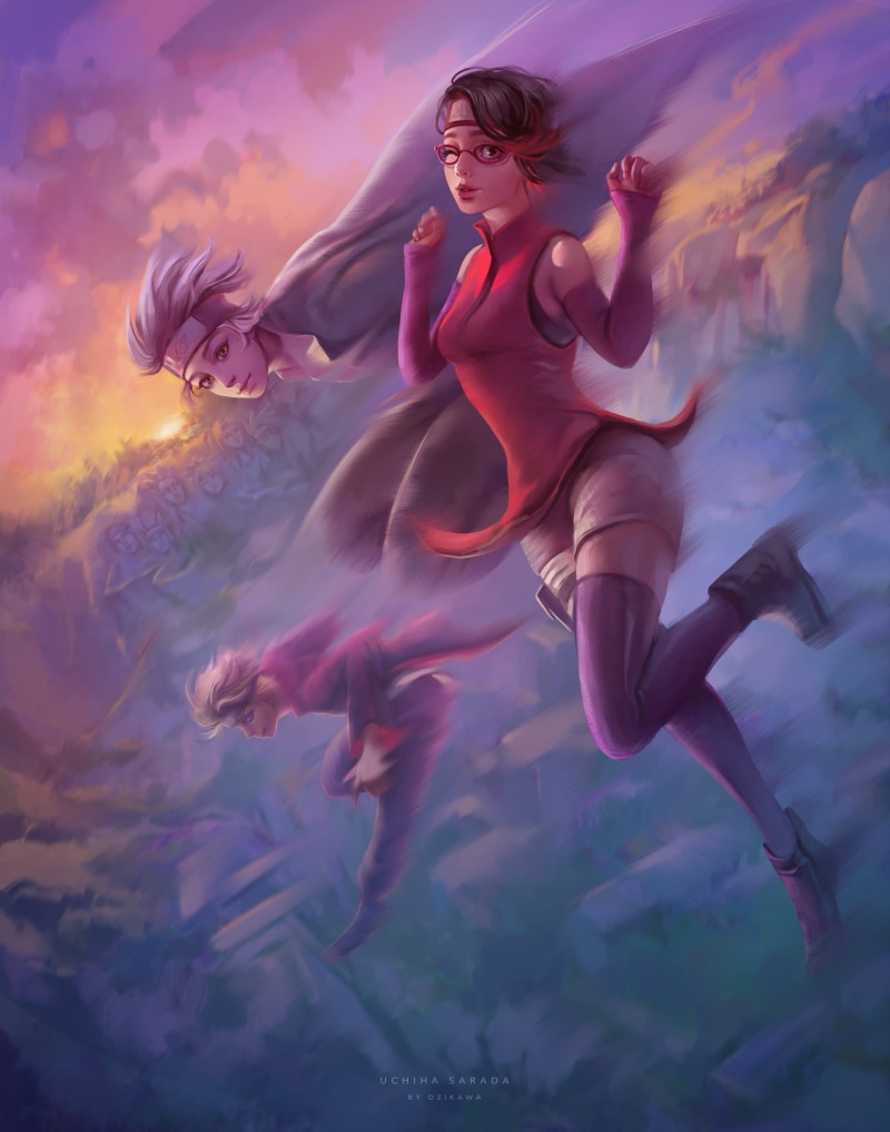 sunset, artwork, headband, vertical, fan art, 2K, Uchiha Sarada, Kunoichi, illustration, women with glasses, drawing, men, Ninja, Uzumaki Boruto, digital art