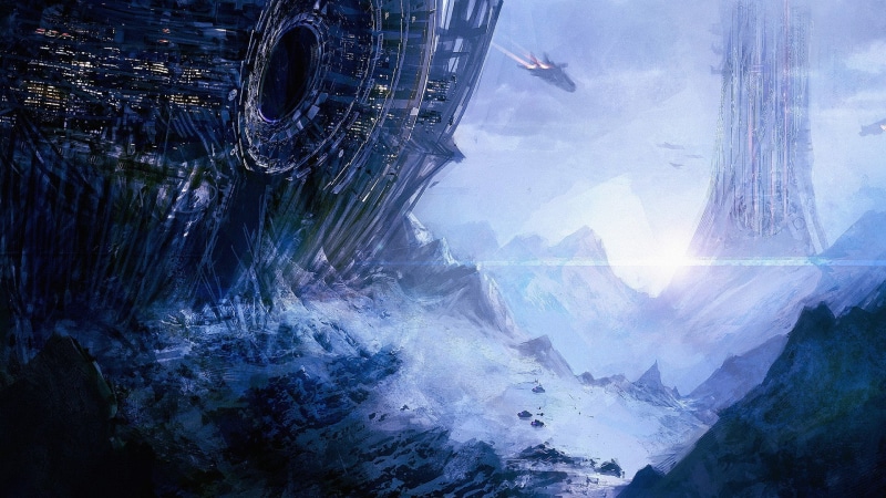  mountain, concept art, space, water, sunlight, mode of transportation, outdoors, beauty in nature, nature, planet, futuristic, landscape, environment
