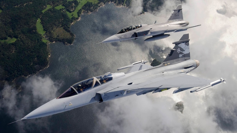 air force, day, navy, aerial view, 2K, JAS-39 Gripen, sky, mid-air, mode of transportation, outdoors, nature, airplane, army, aerospace industry, military