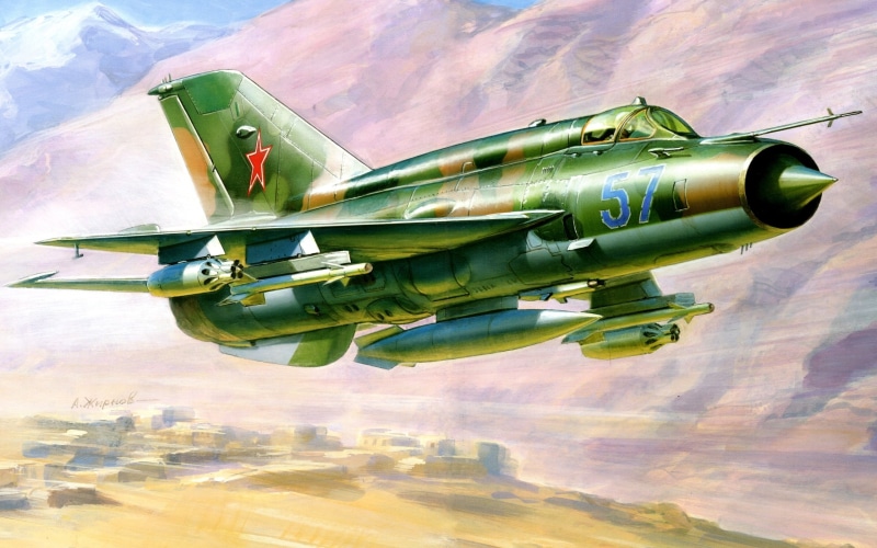 the MiG-21, fighter plane, green, sky, military, water, day, green color, mode of transportation, nature, outdoors, brown, figure, flying, travel, illustration