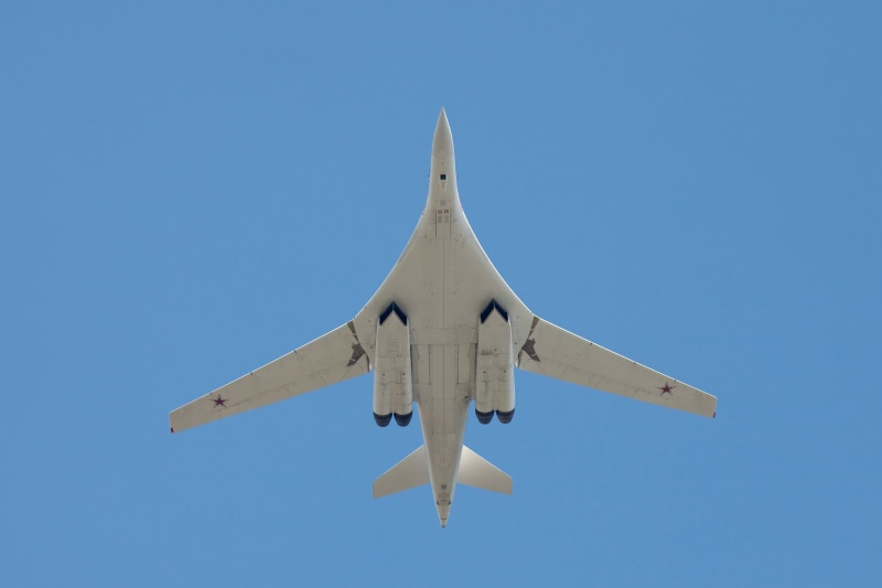 fighter, white, private airplane, clear sky, flying, The Tu-160, military, low angle view, day, Russian, Air force Russia, plane, airplane, bomber, air vehicle