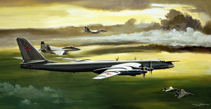 sky, gray, motion, figure, on the move, air force, Soviet, aerospace industry, American, " The bear", «Bear», airplane, F-15 «Silent Eagle», mid-air, 2K