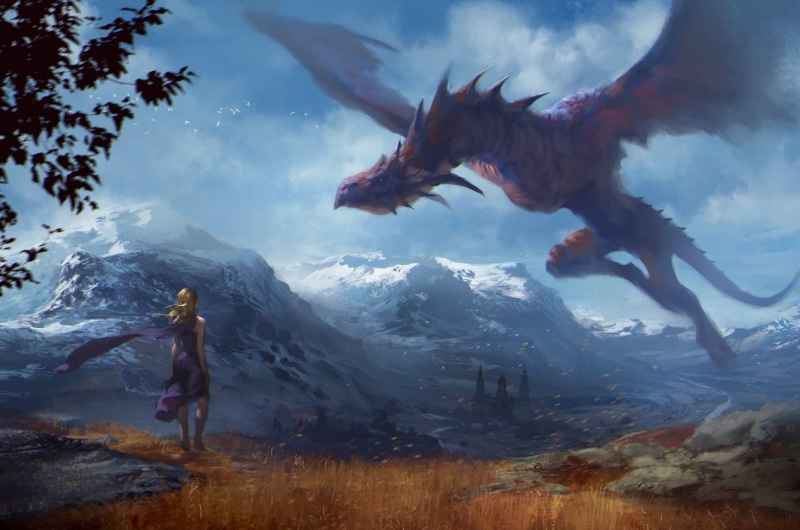 woman, nature, day, dragon, real people, mountain, scenics - nature, people, fantasy art, leisure activity, red, animal wildlife, 1080P, water