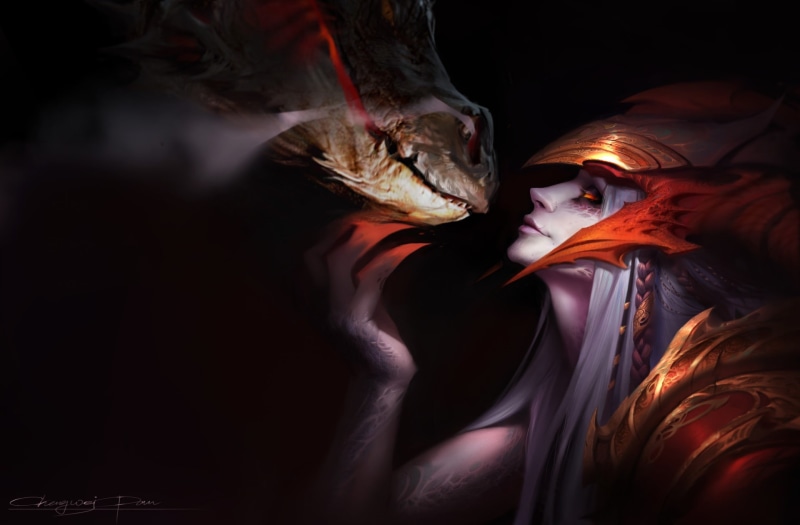 selective focus, dragon, two animals, no people, bird, Shyvana  (League of Legends), chicken - bird, side view, close-up, nature, League of Legends, indoors