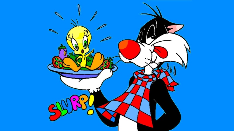 desktop, cat, salad, bird, 1080P, sylvester, cartoon, backgrounds, tweety, chicken