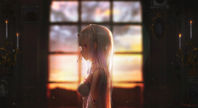 anime girls, Re:Zero Kara Hajimeru Isekai Seikatsu, violet eyes, white hair, Emilia (Re: Zero), candles, sunset, 720P, window