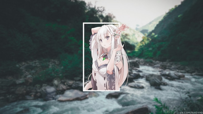 Puck (Re:Zero), picture-in-picture, Re:Zero Kara Hajimeru Isekai Seikatsu, anime girls, anime, Emilia (Re: Zero), 1080P
