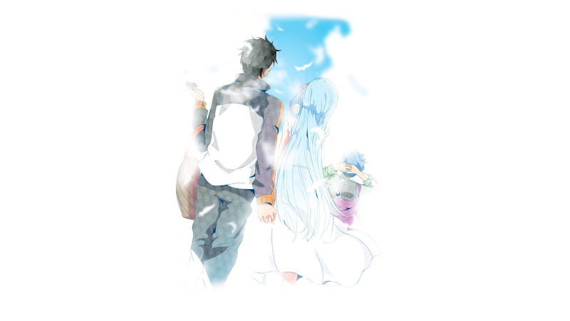 studio shot, indoors, young adult, Natsuki Subaru, full length, multiple exposure, adult, standing, white background, child, women, Rem (Re: Zero), jeans
