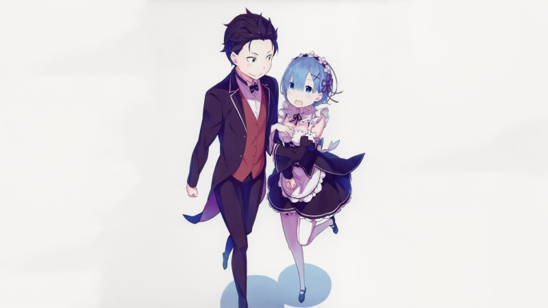 anime, full length, Rem (Re: Zero), 2K, young adult, studio shot, looking at camera, adult, wearing, suit, hairstyle, illustration, man, holding, front view