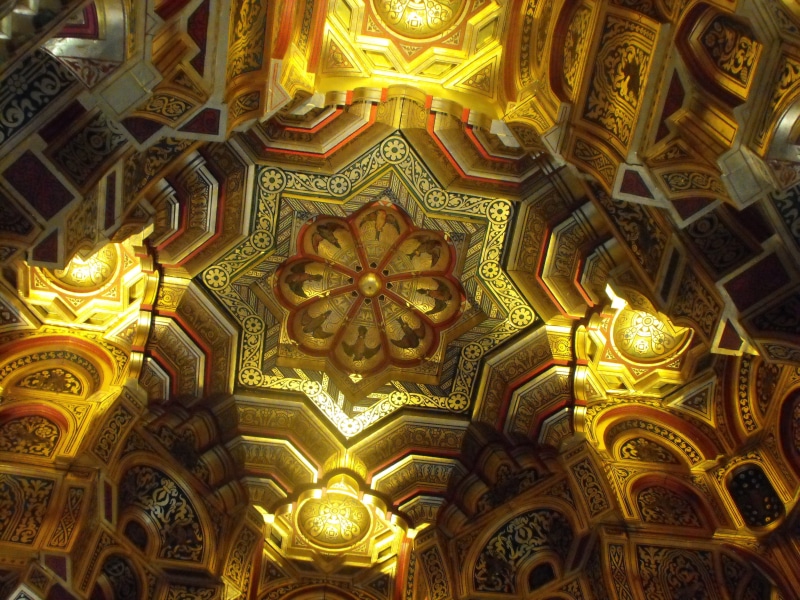 directly below, gold, ceiling, low, building, capital, religion, low angle view, craft, gold colored, no people, backgrounds, built structure, wales, art and craft