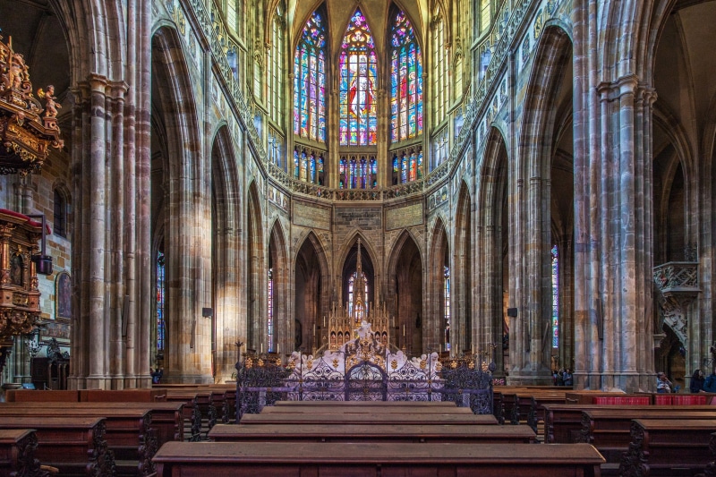 built structure, glass, st, architectural column, aisle, stained glass, the past, place of worship, religion, vitus cathedral, no people, travel destinations