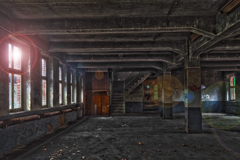 graffiti, factory building, obsolete, forget, hdr image, stairs, no people, flares, empty, abandoned, building, lost, architectural column, ruin, window