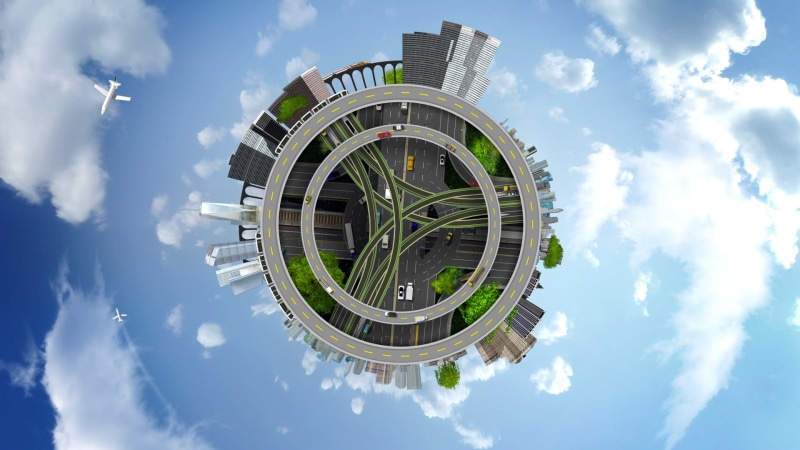 tower, directly below, road, outdoors, trees, building exterior, 1080P, panoramic sphere, watch, geometric shape, modern, skyscraper, low angle view, day