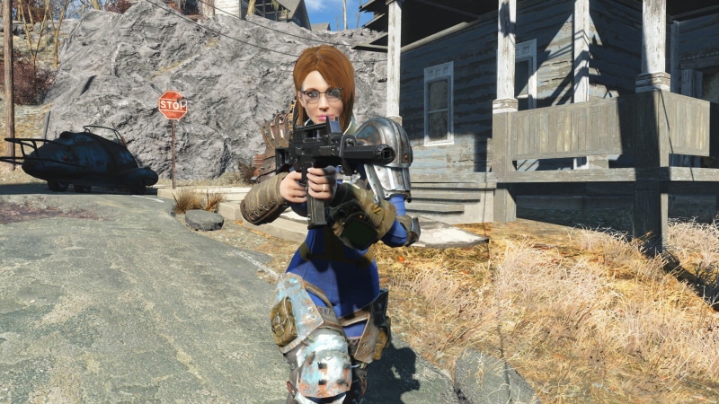 security, holding, 1080P, PC gaming, day, Fallout, weapon, standing, gun, machine gun, looking at camera, government, military, three quarter length, young adult