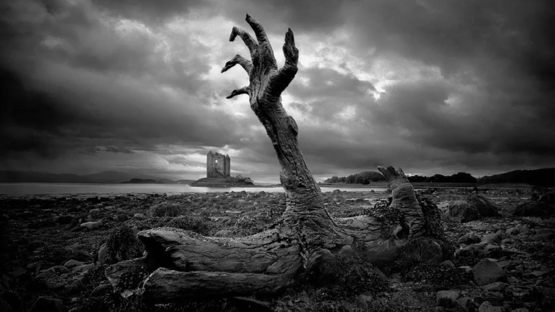 outdoors, dramatic sky, 720P, land, solid, sea, overcast, grayscale, nature, architecture, sky, cloud - sky, beach, photo, storm, dead plant, beauty in nature