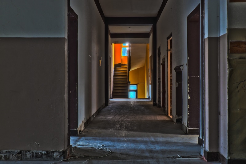 past, lost places, gang, corridor, arcade, illuminated, alley, empty, dilapidated, abandoned, transience, no people, house, window, lighting equipment