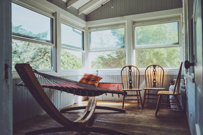 rest, house, empty, seat, living room, photography, cabin, day, decor, table, window, chairs, wood - material, hammock, three, framed, relax, wooden, brown