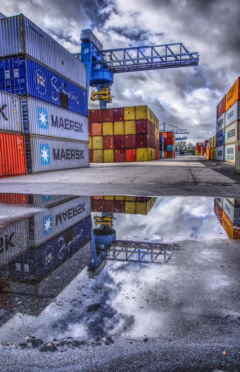 high dynamic range, container terminal, wet, water, cargo, container, cloud - sky, building exterior, rain, loading, mirroring, architecture, contrast