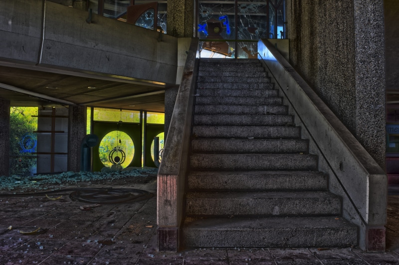 building exterior, empty, abandoned, built structure, illuminated, forget, old, graffiti, steps and staircases, 5K, mood, outdoors, broken, stairs, obsolete