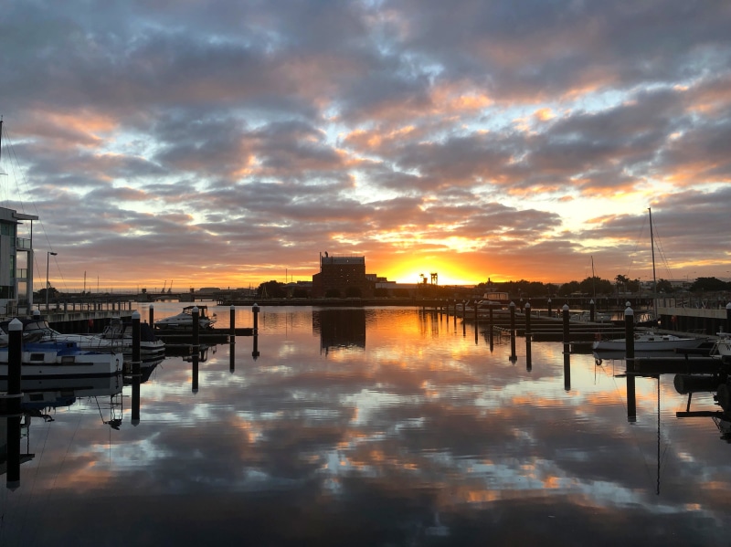 transportation, built structure, sunrise, city, architecture, beauty in nature, water, australia, nature, port adelaide, no people, south australia, reflection