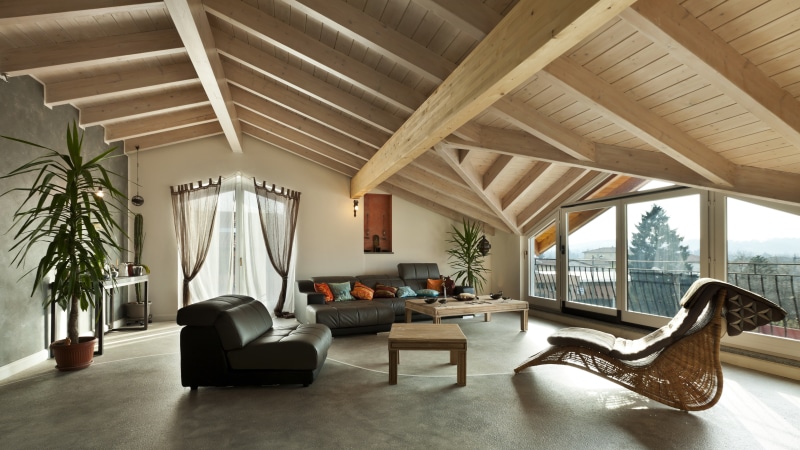 ceiling, roof beam, architectural column, chair, flooring, curtain, table, sofa, indoors, modern, seat, absence, no people, home interior, 8K, wealth
