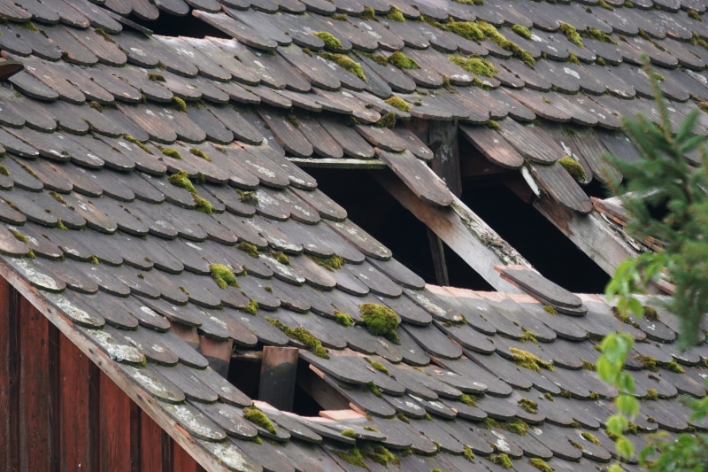 architecture, day, low angle view, roof, residential district, outdoors, broken, roof beam, ruin tile, place, building, building exterior, corrugated, abandoned place