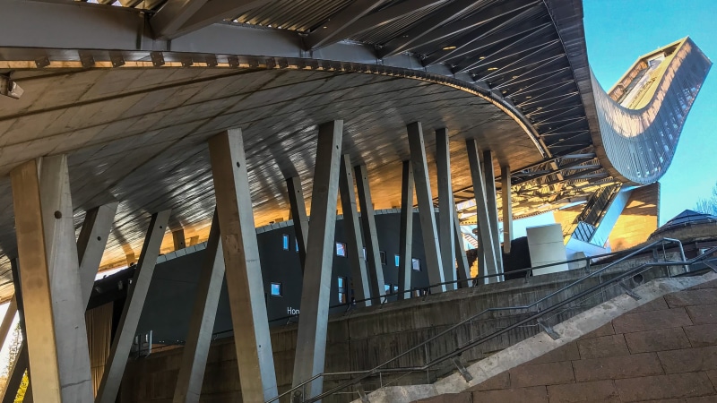 low angle view, wood - material, roof, building, architecture, ceiling, nature, building exterior, roof beam, modern, winter sun, ski, built structure