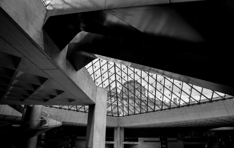 low angle view, architectural column, roof beam, no people, built structure, paris, 5K, building, simplicty, day, indoors, black and white, design, wood - material