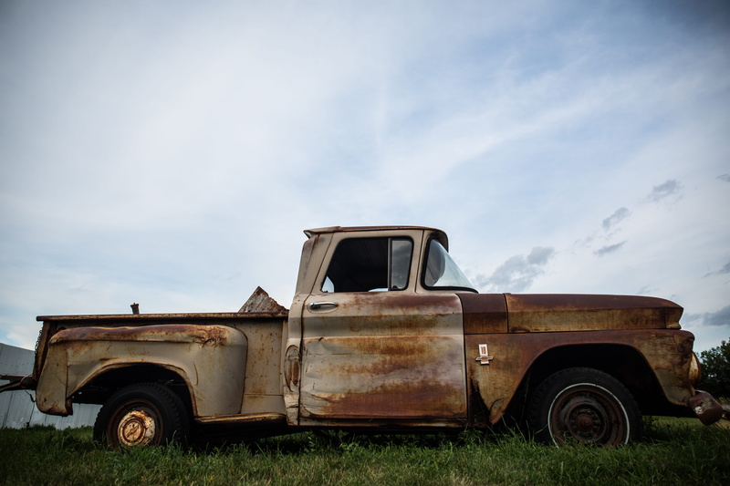 land vehicle, sky, nature, iowa, c10, roadside, mode of transportation, shop truck, no people, pick-up truck, stationary, transportation, day, urbex, motor vehicle