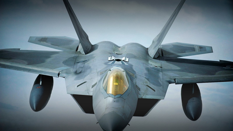 military, mid-air, day, air vehicle, directly below, plane, vehicle, air force, F22-Raptor, front view, no people, cockpit, aerospace industry, jet engine
